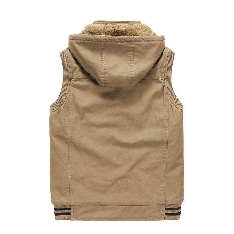 Herren Ärmellose Canvas-Weste mit Kapuze, Teddyfutter und Multifunktions-Taschen Drune