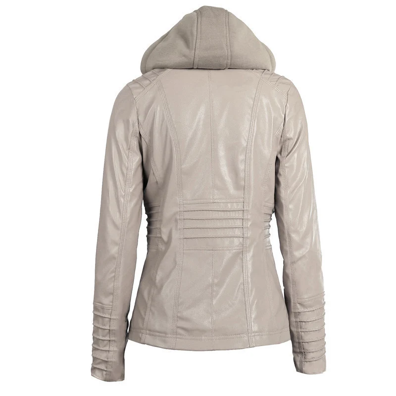 Damen Slim-Fit Kunstlederjacke mit Kapuze, Steppärmeln und Reißverschlusstaschen Drune