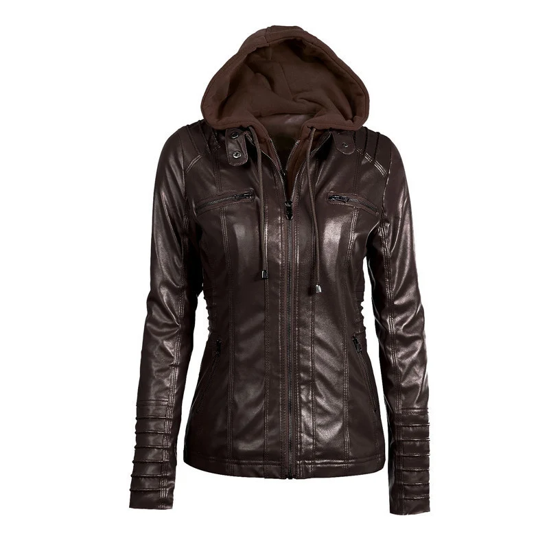 Damen Slim-Fit Kunstlederjacke mit Kapuze, Steppärmeln und Reißverschlusstaschen Drune