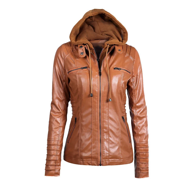 Damen Slim-Fit Kunstlederjacke mit Kapuze, Steppärmeln und Reißverschlusstaschen Drune