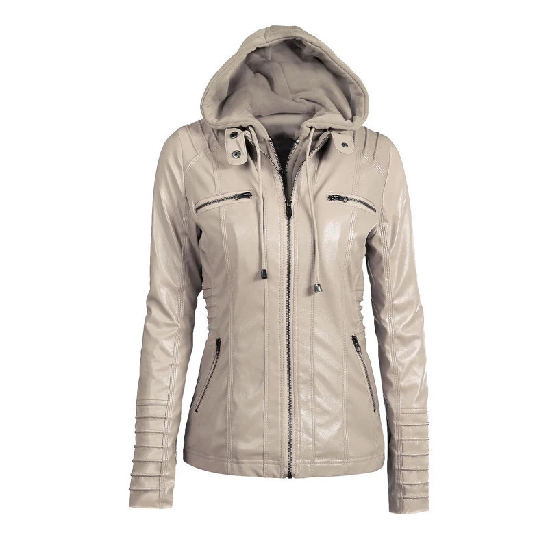 Damen Slim-Fit Kunstlederjacke mit Kapuze, Steppärmeln und Reißverschlusstaschen Drune