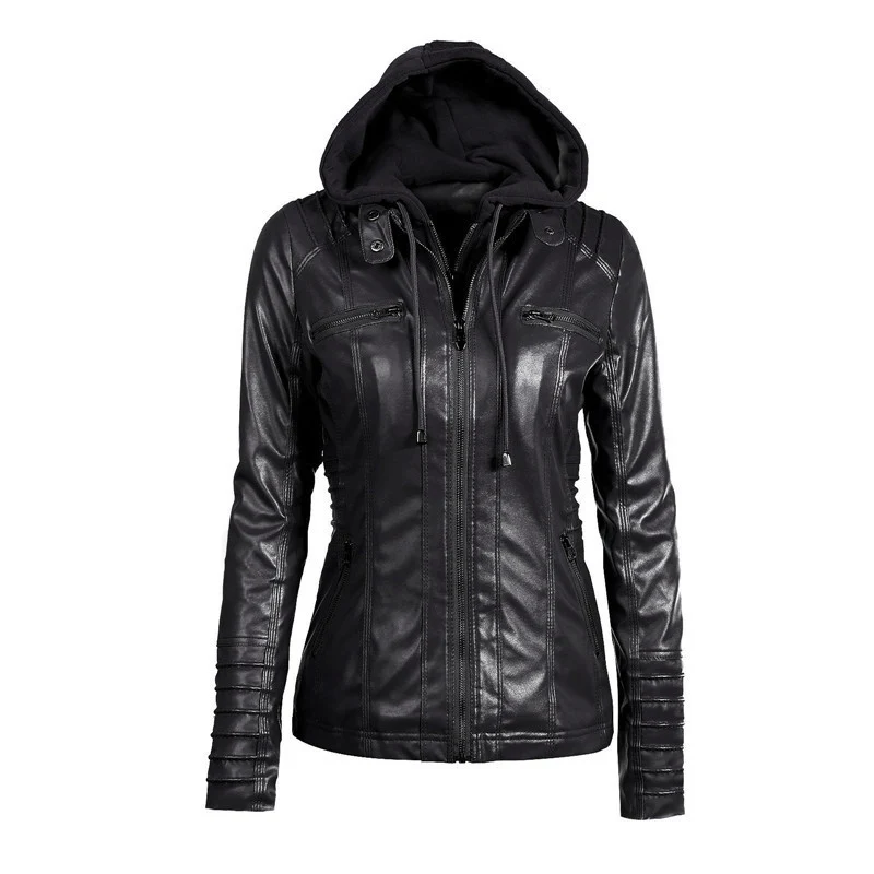 Damen Slim-Fit Kunstlederjacke mit Kapuze, Steppärmeln und Reißverschlusstaschen Drune
