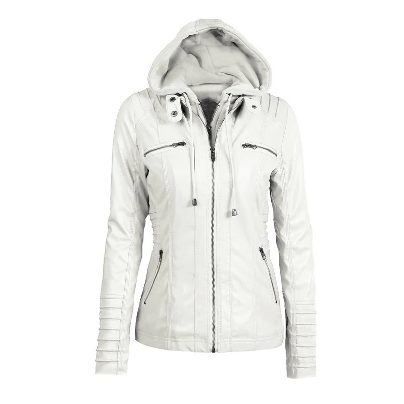 Damen Slim-Fit Kunstlederjacke mit Kapuze, Steppärmeln und Reißverschlusstaschen Drune