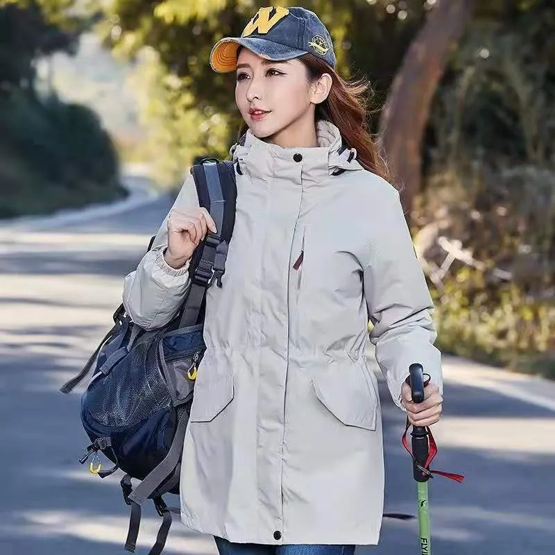 Damen leichter wasserabweisender Parka mit Kapuze und funktionalen Taschen Drune
