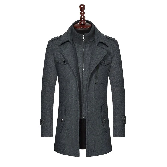 Herren Wollmix-Kurzmantel mit integrierter Stehkragen-Innenjacke und Pattentaschen Drune