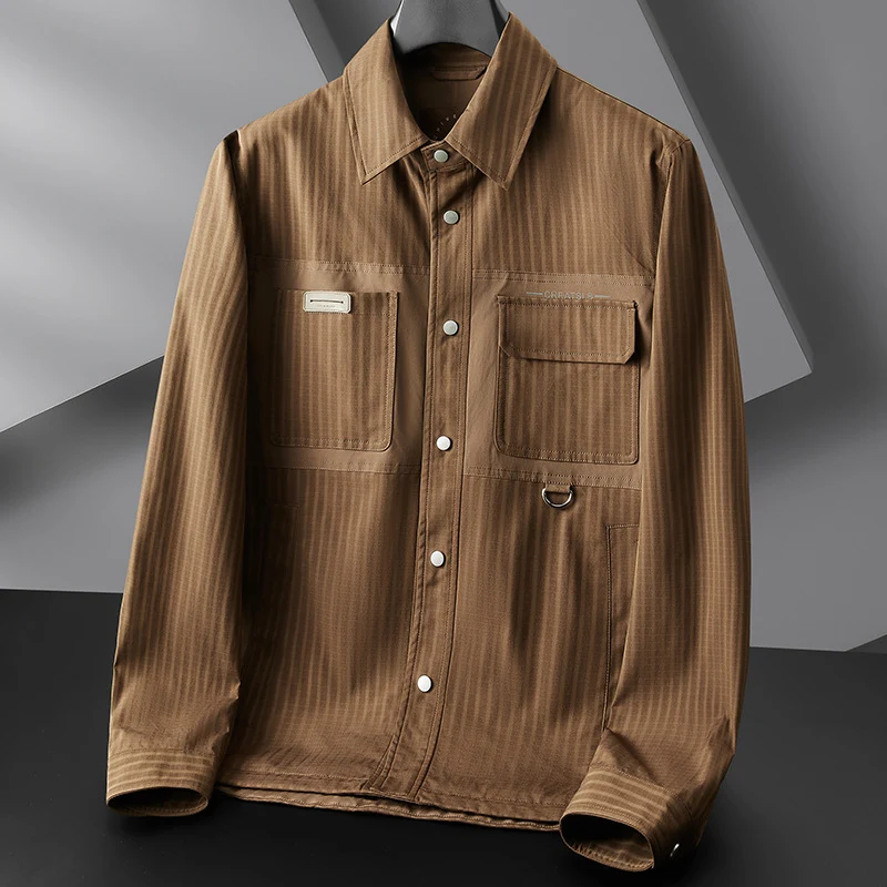 Herren Utility-Übergangsjacke im Overshirt-Stil mit aufgesetzten Taschen und Nadelstreifenstruktur Drune
