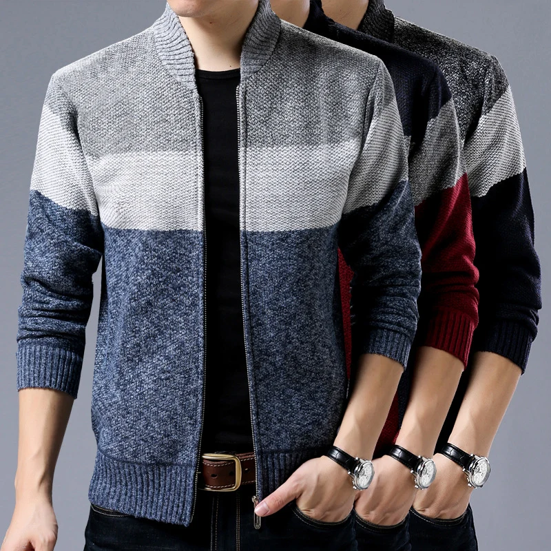 Herren Strick-Zipjacke mit Blockstreifen, Stehkragen und Rippbündchen Drune