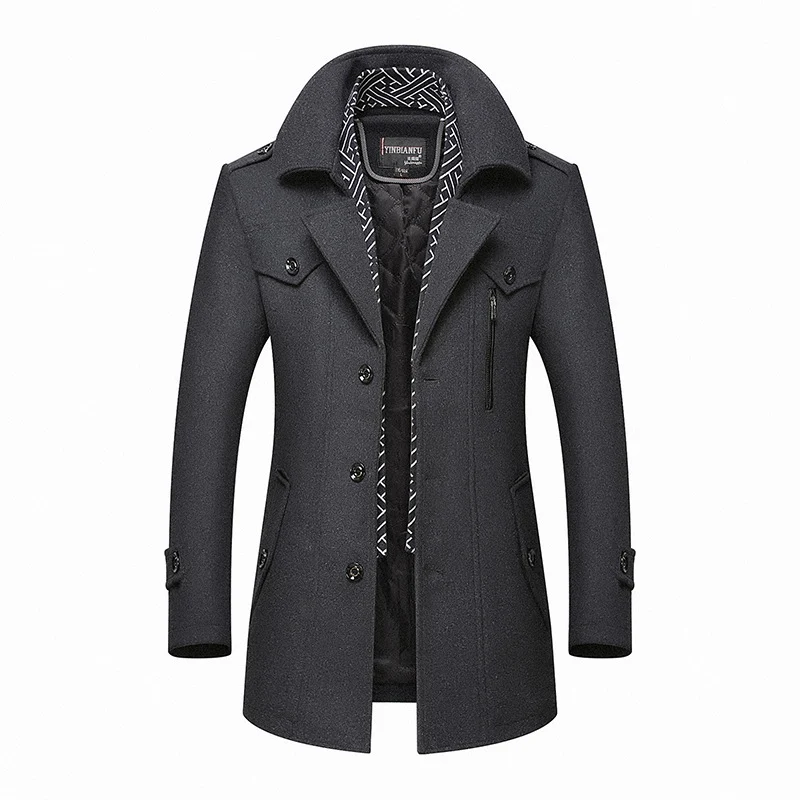 Herren Smart-Casual Wollmix-Mantel mit versteckter gesteppter Innenjacke und Schulterklappen Drune
