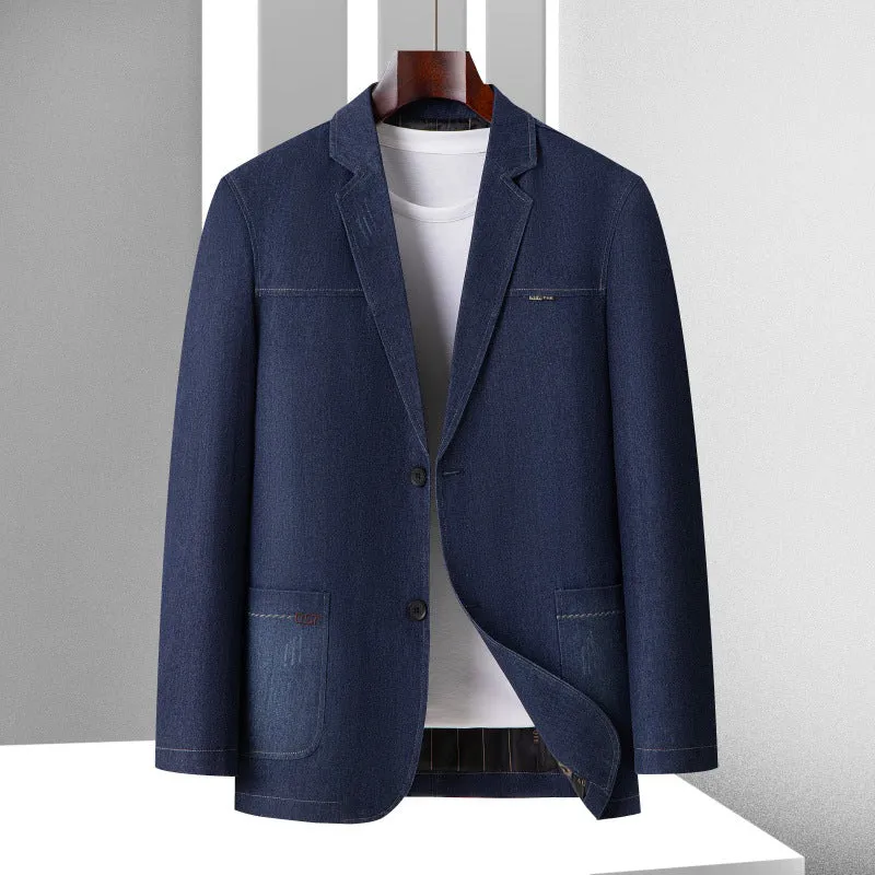 Herren Smart-Casual Denimblazer mit aufgesetzten Taschen und Kontrastnähten Drune