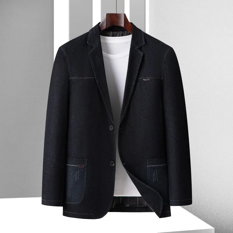 Herren Smart-Casual Denimblazer mit aufgesetzten Taschen und Kontrastnähten Drune