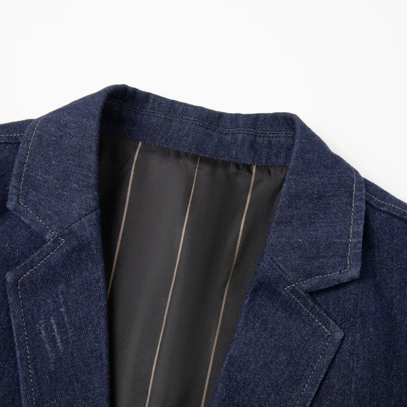 Herren Smart-Casual Denimblazer mit aufgesetzten Taschen und Kontrastnähten Drune