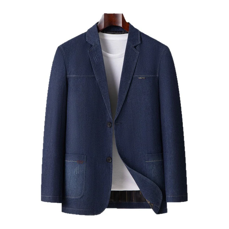 Herren Smart-Casual Denimblazer mit aufgesetzten Taschen und Kontrastnähten Drune