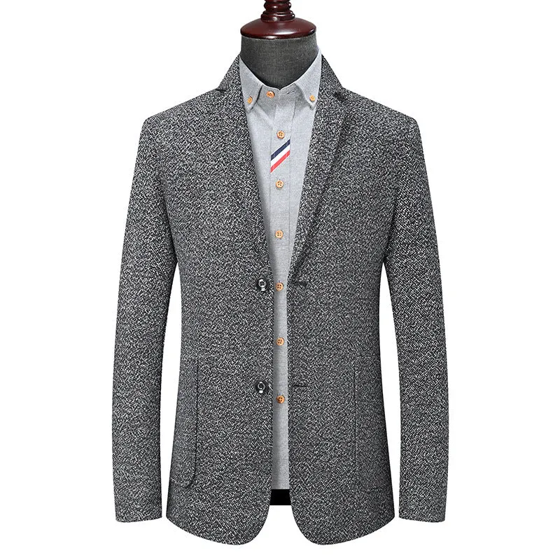 Herren Slim-Fit strukturierter Wollmix-Blazer mit Schalkragenoptik und aufgesetzten Eingrifftaschen Drune