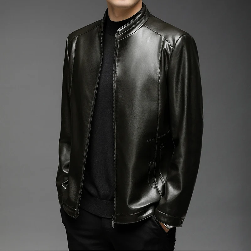 Herren Slim-Fit Kunstleder-Blouson mit Stehkragen und verdeckter Reißverschluss Drune