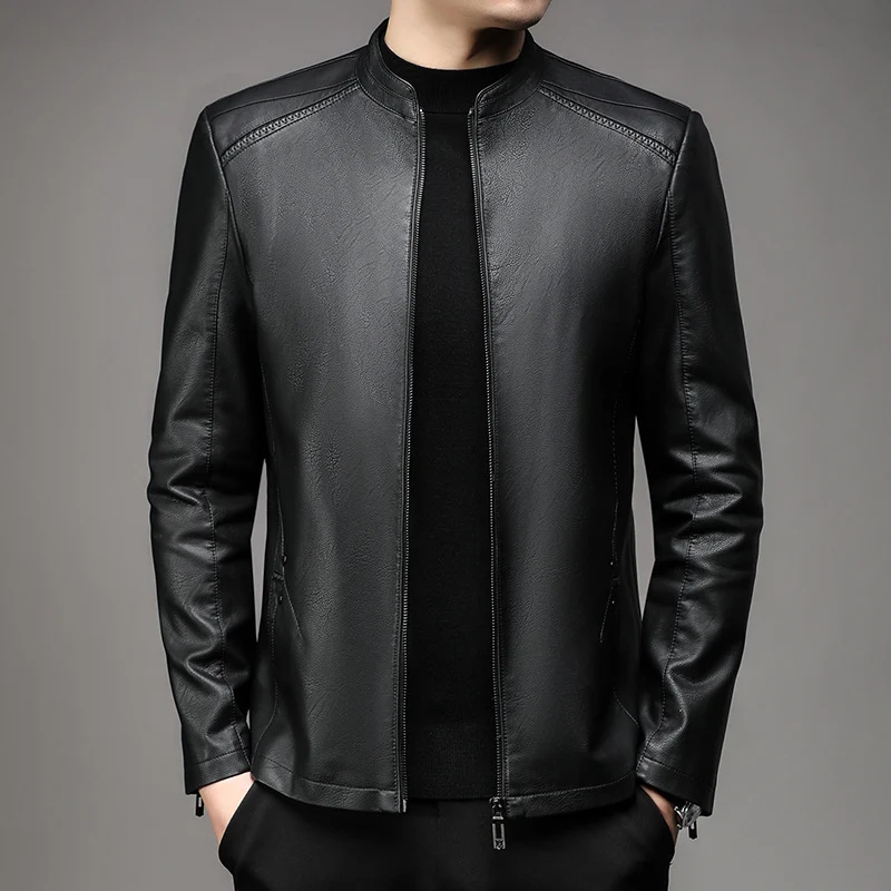 Herren Schlanke Lederjacke im Rider-Look mit Stehkragen und Zwei-Wege-Reißverschluss Drune