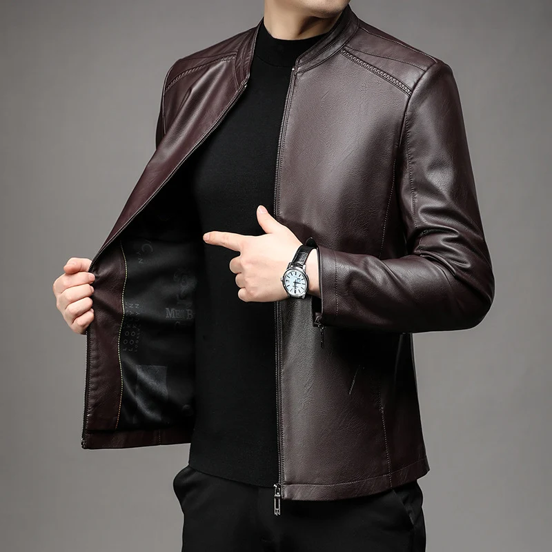 Herren Schlanke Lederjacke im Rider-Look mit Stehkragen und Zwei-Wege-Reißverschluss Drune