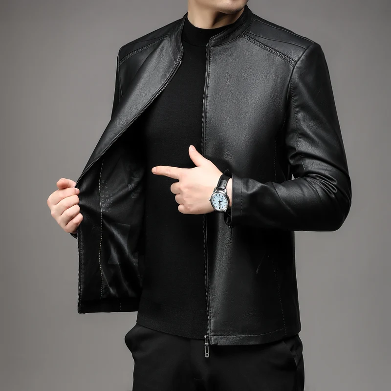 Herren Schlanke Lederjacke im Rider-Look mit Stehkragen und Zwei-Wege-Reißverschluss Drune