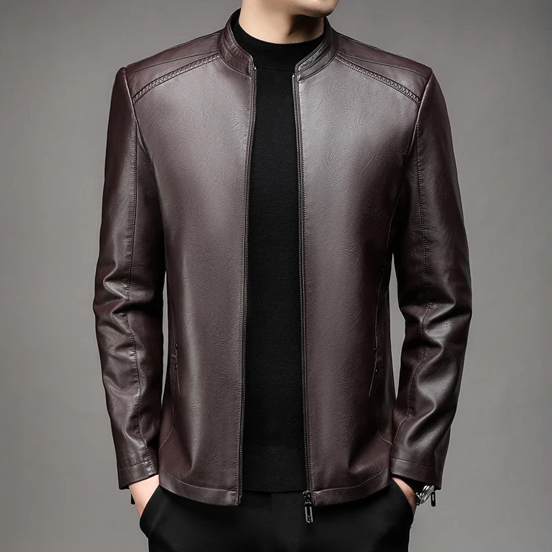 Herren Schlanke Lederjacke im Rider-Look mit Stehkragen und Zwei-Wege-Reißverschluss Drune