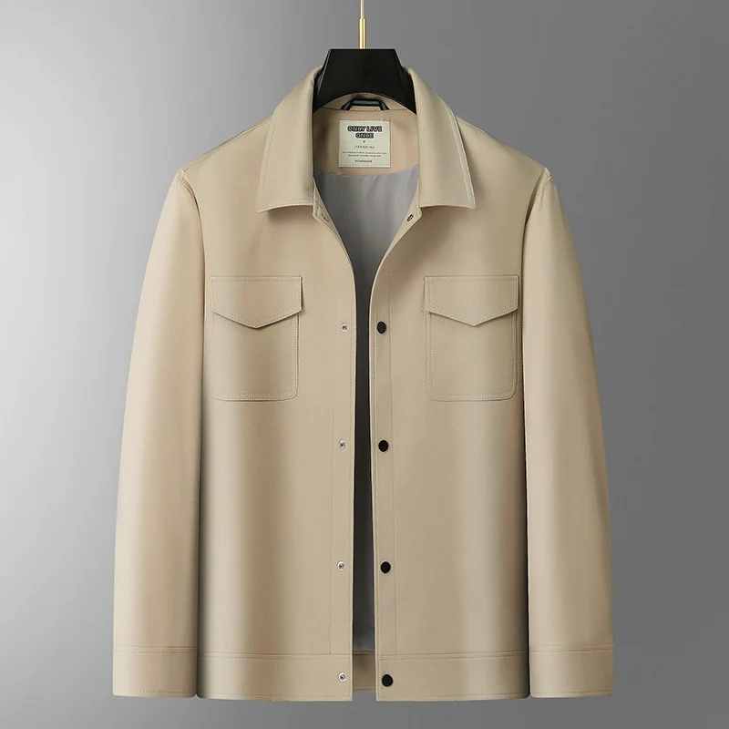 Herren Overshirt-Jacke aus glattem Kunstleder mit Brusttaschen und Druckknopfverschluss Drune