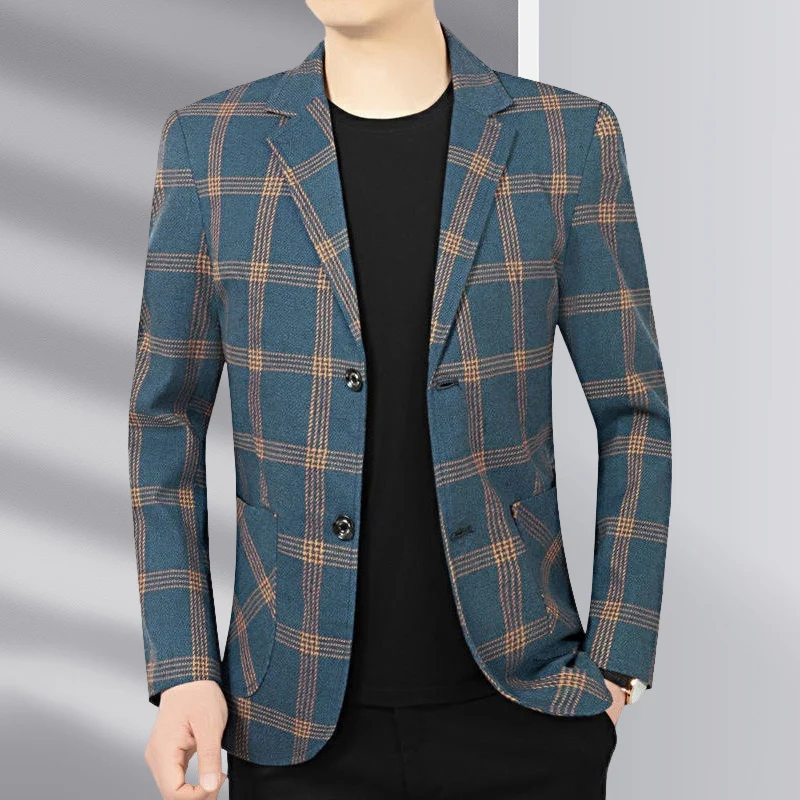 Herren Modernes kariertes Tailored-Sakko aus Wollmix mit kontrastierenden Nahtdetails und aufgesetzten Fronttaschen Drune