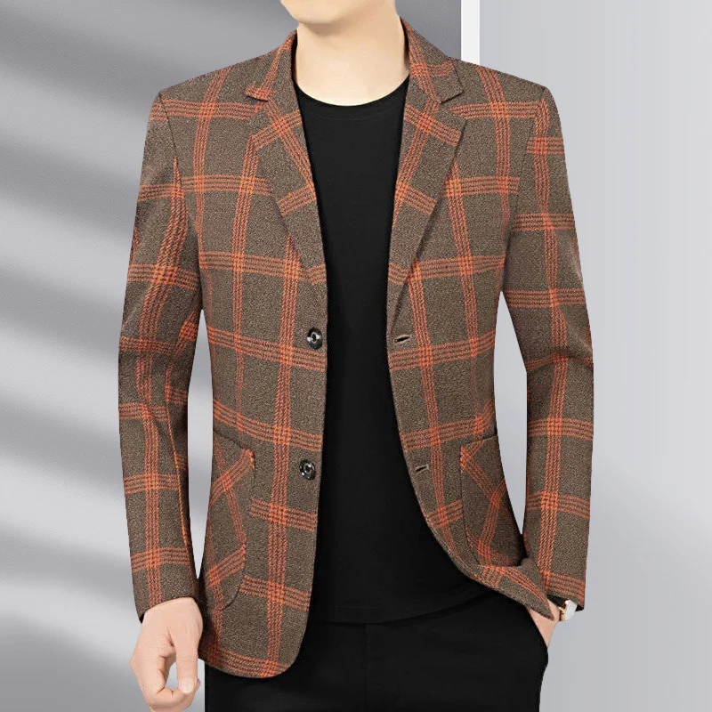 Herren Modernes kariertes Tailored-Sakko aus Wollmix mit kontrastierenden Nahtdetails und aufgesetzten Fronttaschen Drune