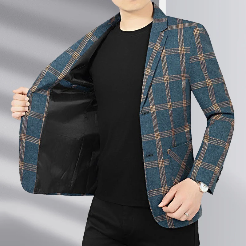 Herren Modernes kariertes Tailored-Sakko aus Wollmix mit kontrastierenden Nahtdetails und aufgesetzten Fronttaschen Drune