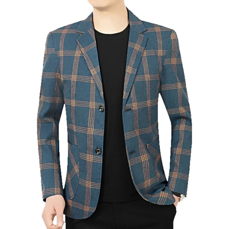 Herren Modernes kariertes Tailored-Sakko aus Wollmix mit kontrastierenden Nahtdetails und aufgesetzten Fronttaschen Drune