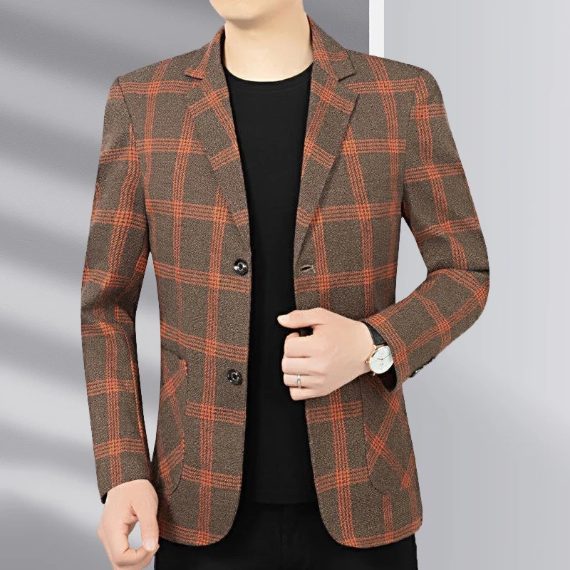 Herren Modernes kariertes Tailored-Sakko aus Wollmix mit kontrastierenden Nahtdetails und aufgesetzten Fronttaschen Drune