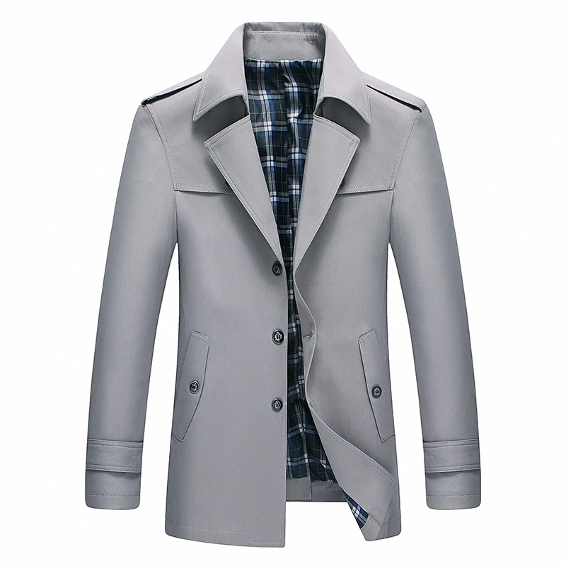 Herren Moderner Kurzmantel im Trenchcoat‑Look mit karierter Innenfütterung und Schulterklappen Drune