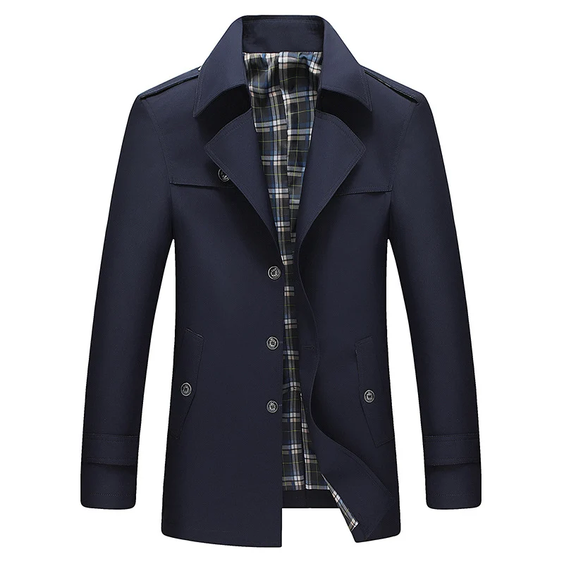 Herren Moderner Kurzmantel im Trenchcoat‑Look mit karierter Innenfütterung und Schulterklappen Drune
