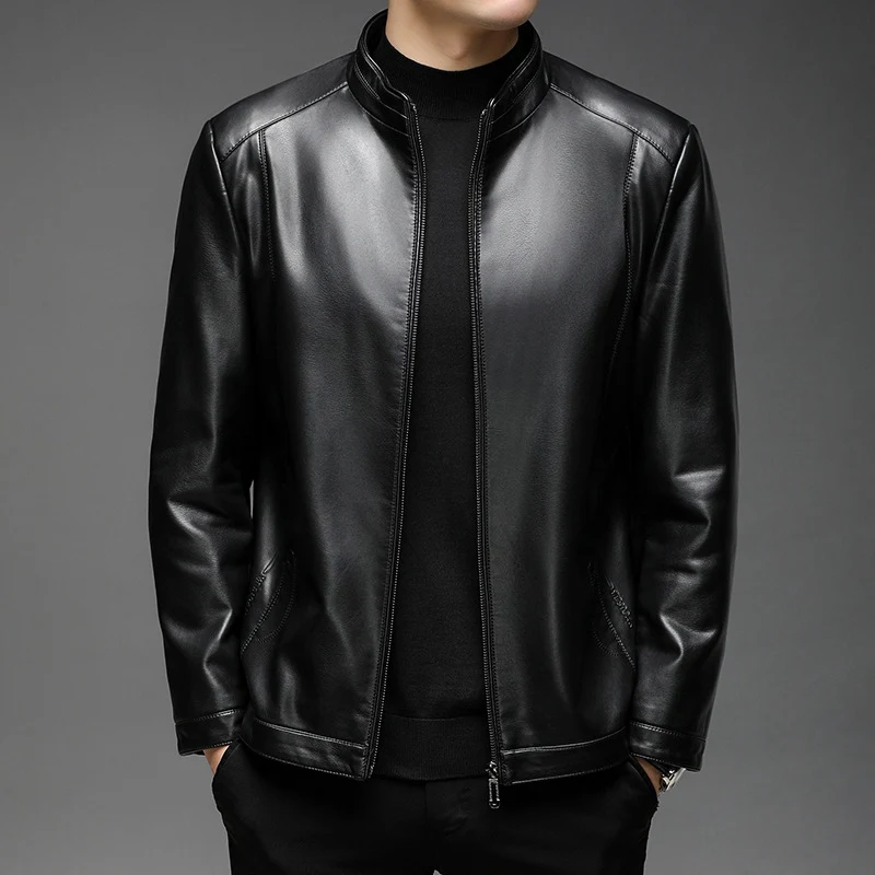 Herren Minimalistische Lederoptik-Übergangsjacke mit Stehkragen und Zwei-Wege-Reißverschluss Drune