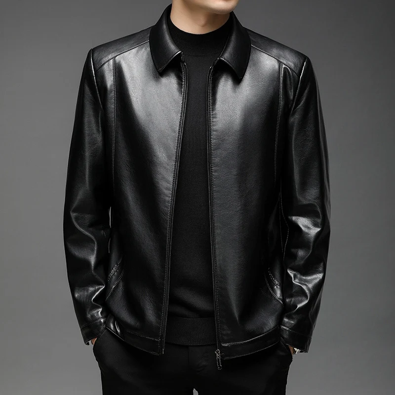 Herren Minimalistische Glattlederjacke mit Hemdkragen und taillierter Passform Drune