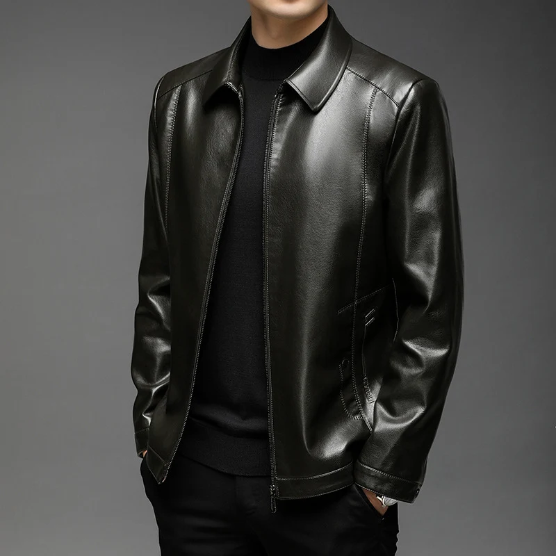 Herren Minimalistische Glattlederjacke mit Hemdkragen und taillierter Passform Drune