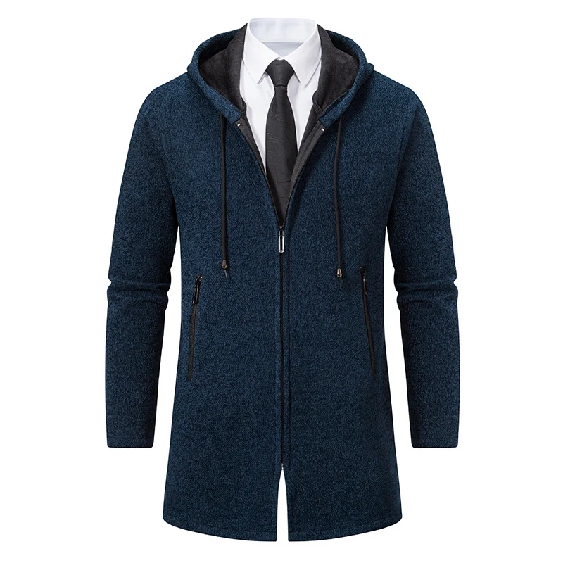 Herren Longline-Strickmantel mit Kapuze, taillierter Silhouette und wärmender Fleece-Innenlage Drune