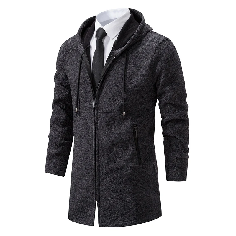 Herren Longline-Strickmantel mit Kapuze, taillierter Silhouette und wärmender Fleece-Innenlage Drune