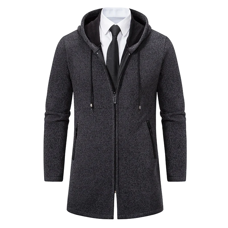 Herren Longline-Strickmantel mit Kapuze, taillierter Silhouette und wärmender Fleece-Innenlage Drune