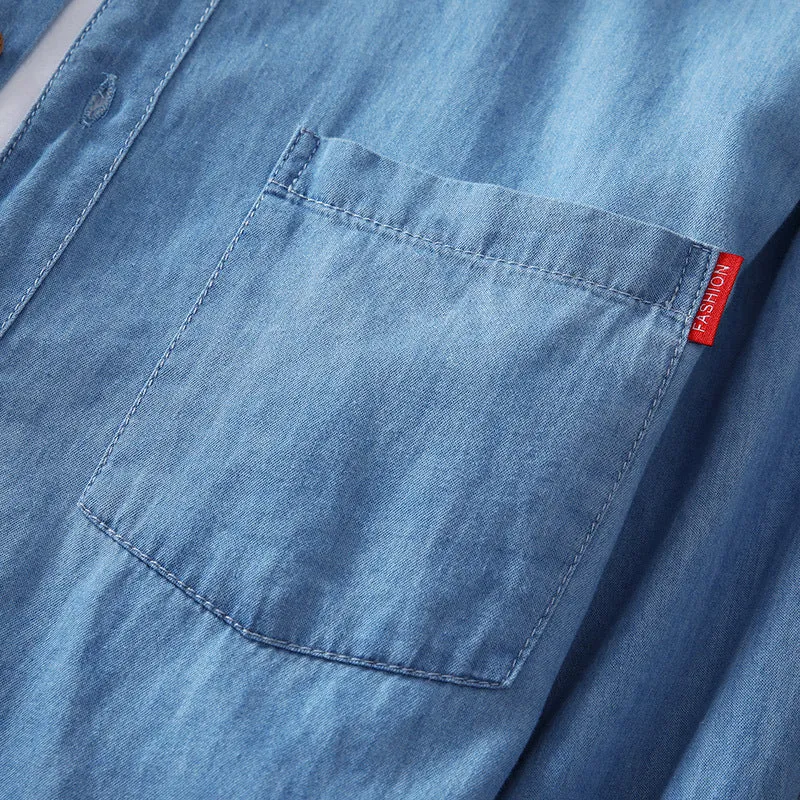 Herren Leichtes Denim-Hemd mit Brusttasche und klassischem Hemdkragen Drune