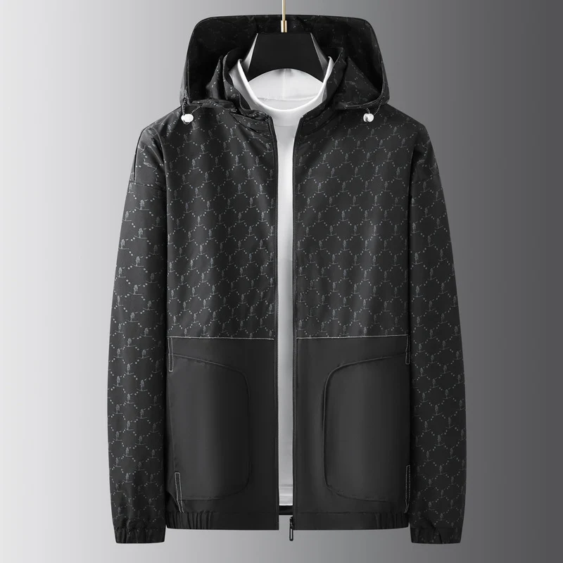 Herren Leichter wasserabweisender Kapuzen-Outdoorblouson mit Allover-Muster und großen Eingrifftaschen Drune