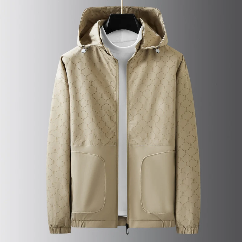 Herren Leichter wasserabweisender Kapuzen-Outdoorblouson mit Allover-Muster und großen Eingrifftaschen Drune