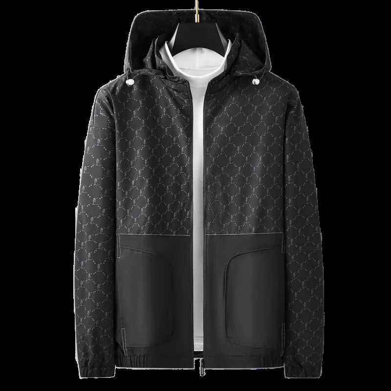 Herren Leichter wasserabweisender Kapuzen-Outdoorblouson mit Allover-Muster und großen Eingrifftaschen Drune