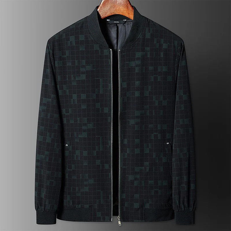 Herren Leichte karierte Pixel-Bomberjacke mit Stehkragen, durchgehendem Reißverschluss und gerippten Bündchen Drune
