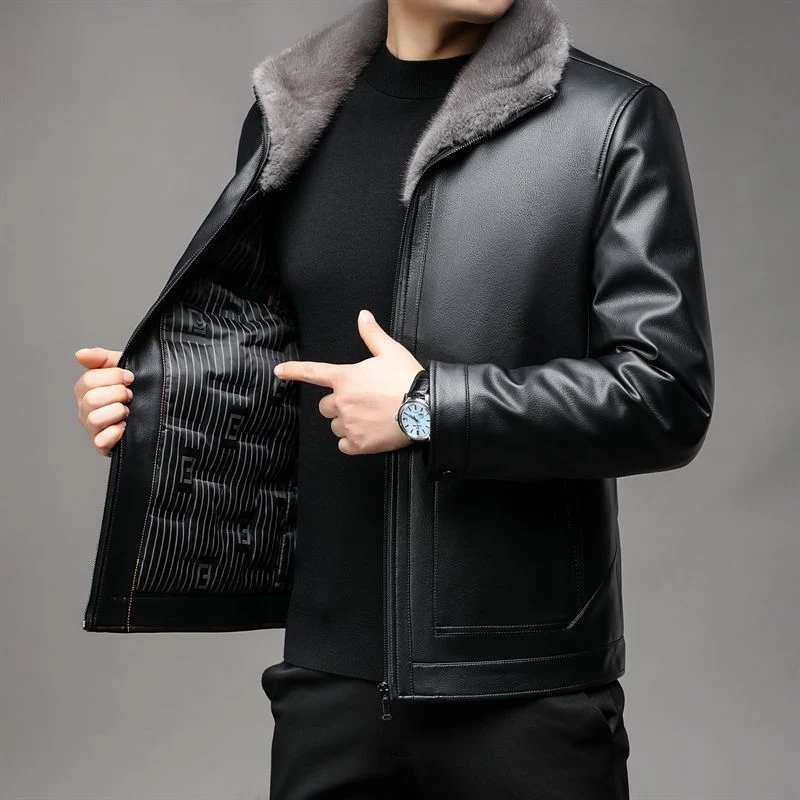 Herren Lederjacke mit wärmender Teddy-Fütterung und Frontreißverschluss Drune