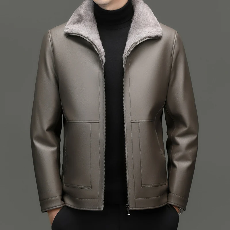 Herren Lederjacke mit wärmender Teddy-Fütterung und Frontreißverschluss Drune