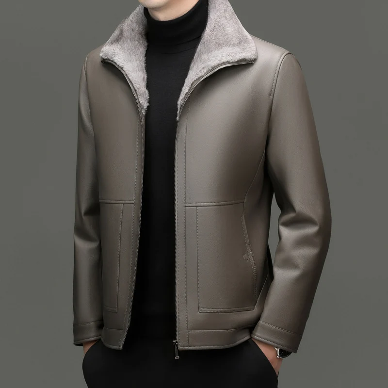 Herren Lederjacke mit wärmender Teddy-Fütterung und Frontreißverschluss Drune