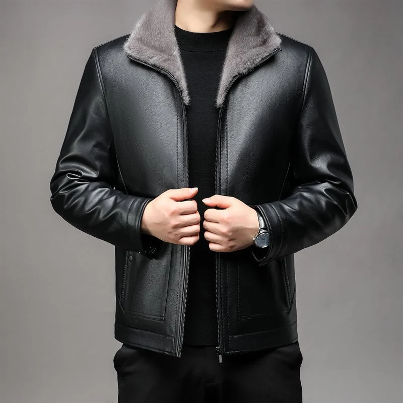 Herren Lederjacke mit wärmender Teddy-Fütterung und Frontreißverschluss Drune