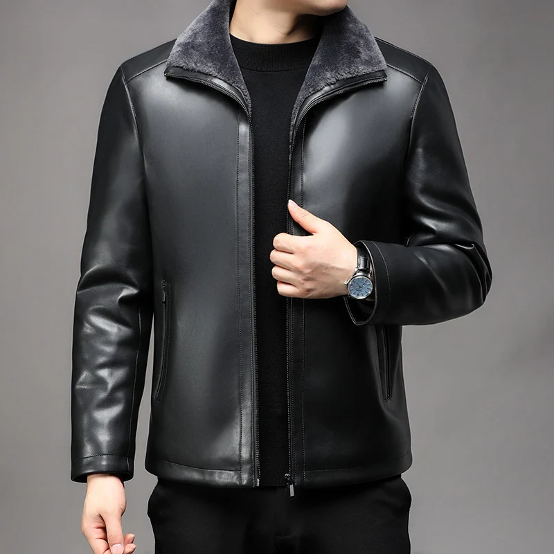 Herren Lederjacke mit wärmender Lammfell-Innenfütterung und Stehkragen Drune