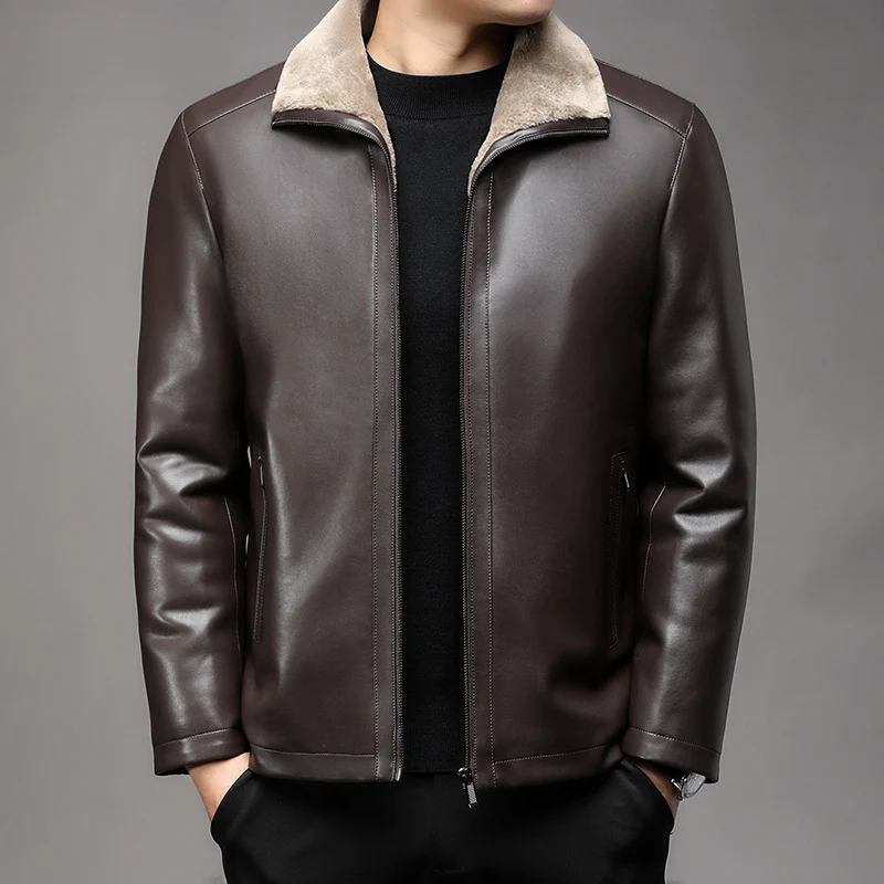 Herren Lederjacke mit wärmender Lammfell-Innenfütterung und Stehkragen Drune