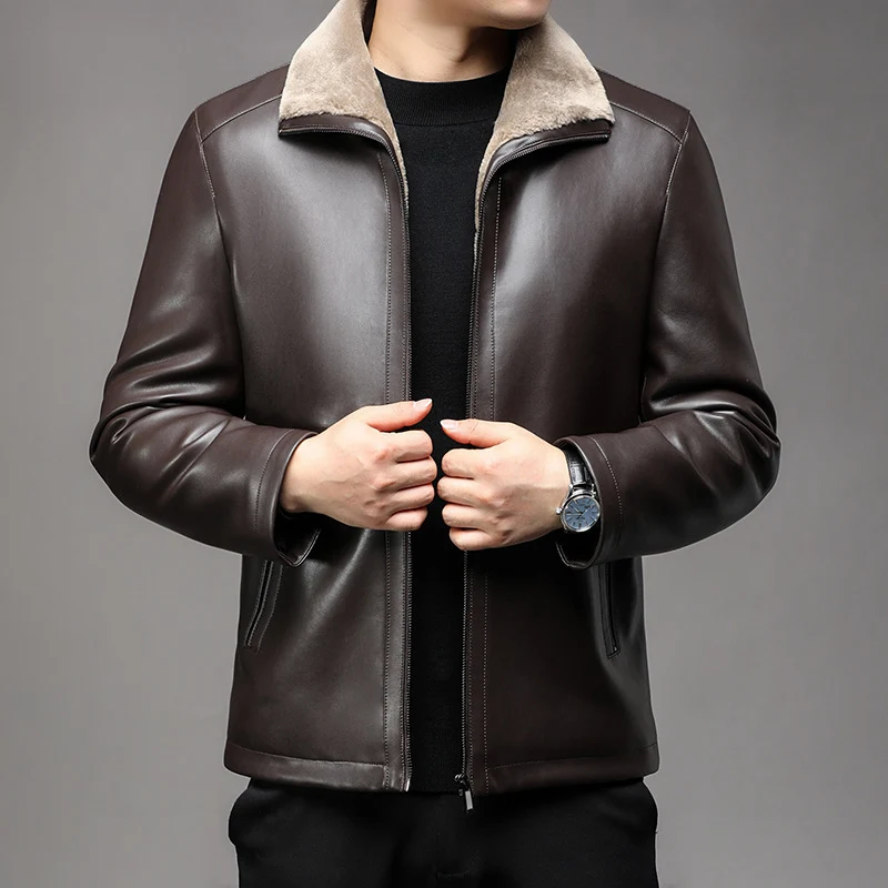 Herren Lederjacke mit wärmender Lammfell-Innenfütterung und Stehkragen Drune