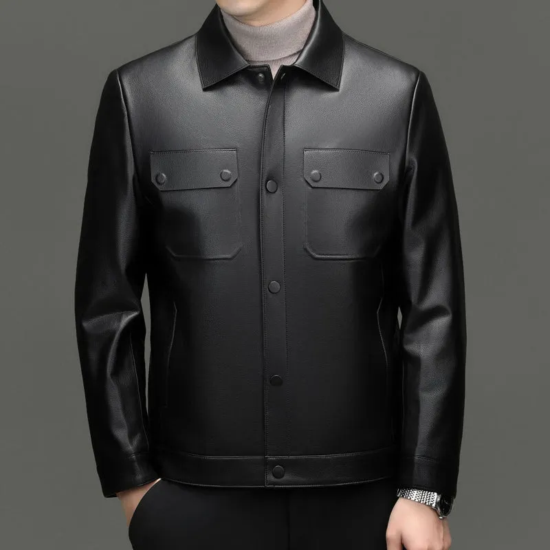 Herren Lederjacke im Shirtstil mit Druckknopfverschluss und aufgesetzten Brusttaschen Drune