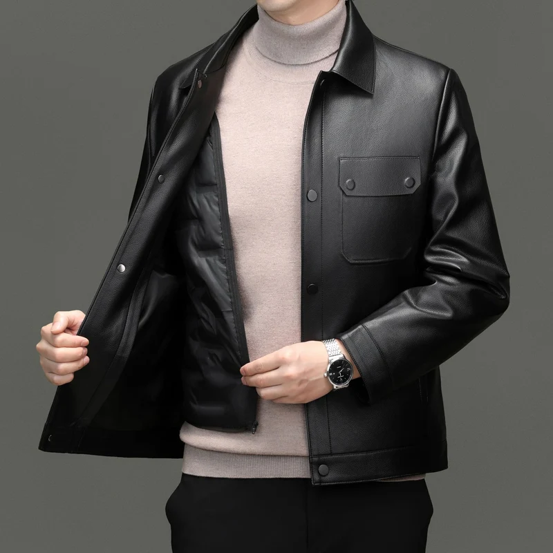 Herren Lederjacke im Shirtstil mit Druckknopfverschluss und aufgesetzten Brusttaschen Drune